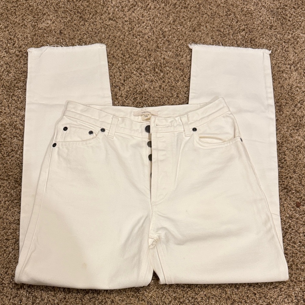 Celine Women's White Frayed Hem Cropped Jeans